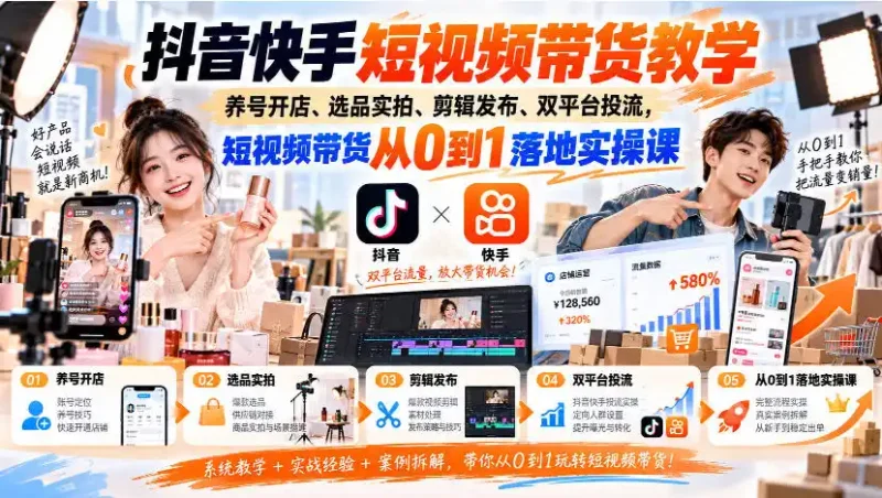 抖音快手短视频带货教学｜养号开店、选品实拍、剪辑发布、双平台投流，短视频带货从0到1落地实操课-大伟资源网