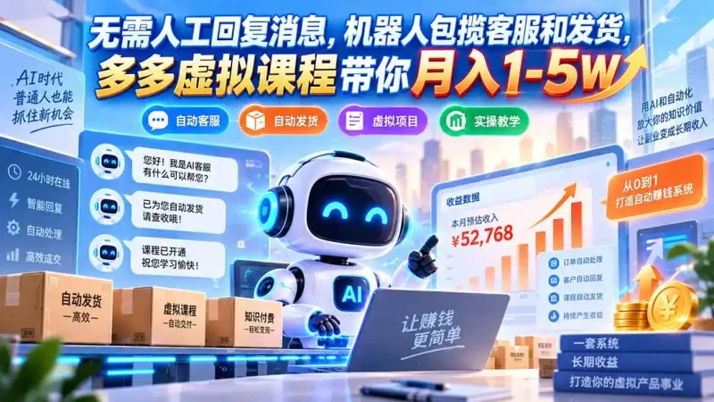 无需人工回复消息，机器人包揽客服和发货，多多虚拟课程带你月入1-5W-大伟资源网