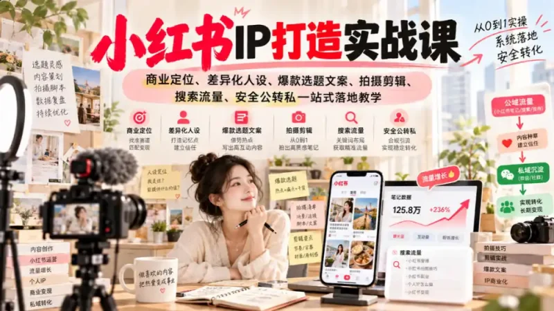 小红书ip打造实战课，商业定位、差异化人设、爆款选题文案、拍摄剪辑、搜索流量、安全公转私一站式落地教学-大伟资源网