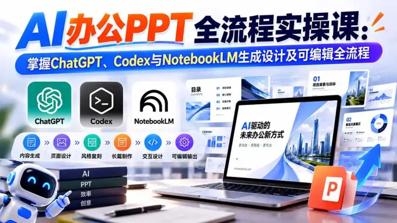 【无水印】AI办公PPT全流程实操课： 掌握ChatGPT、Codex与NotebookLM生成设计及可编辑全流程-大伟资源网