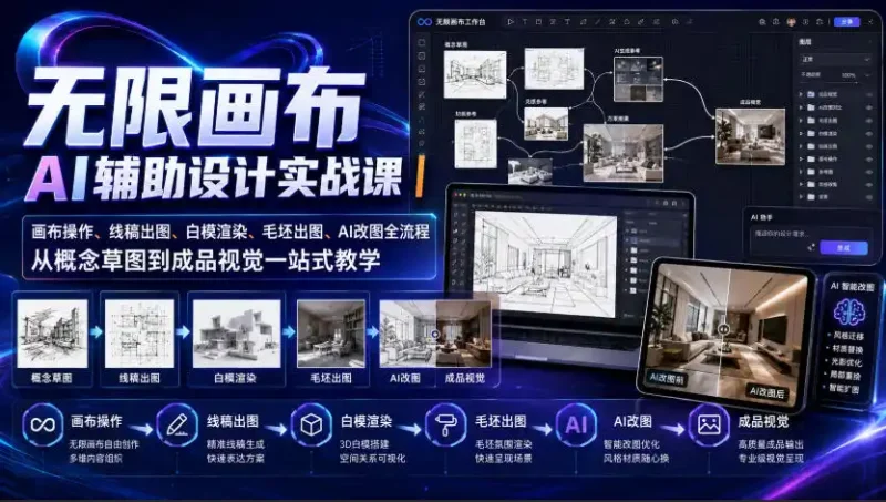 无限画布AI辅助设计实战课｜画布操作、线稿出图、白模渲染、毛坯出图、AI改图全流程，从概念草图到成品视觉一站式教学(更新0923)-大伟资源网