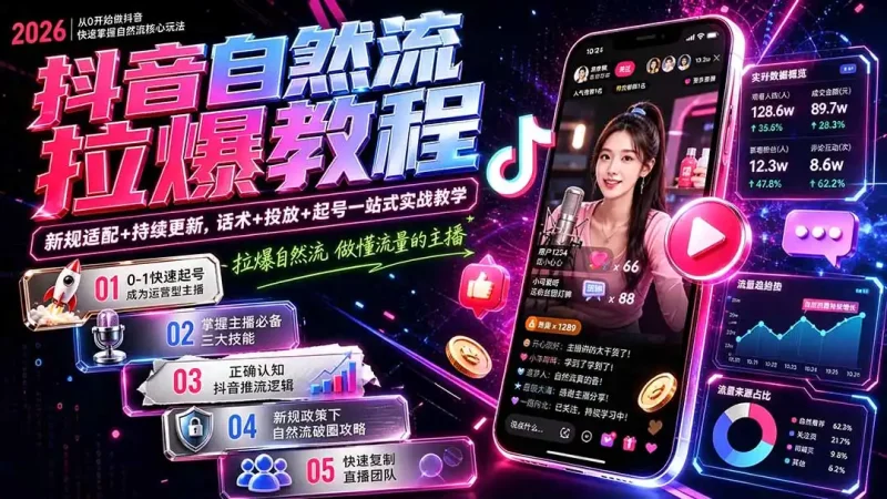 抖音自然流拉爆教程-更新9月：做懂流量的主播，新规适配+持续更新，话术+投放+起号一站式实战教学-大伟资源网