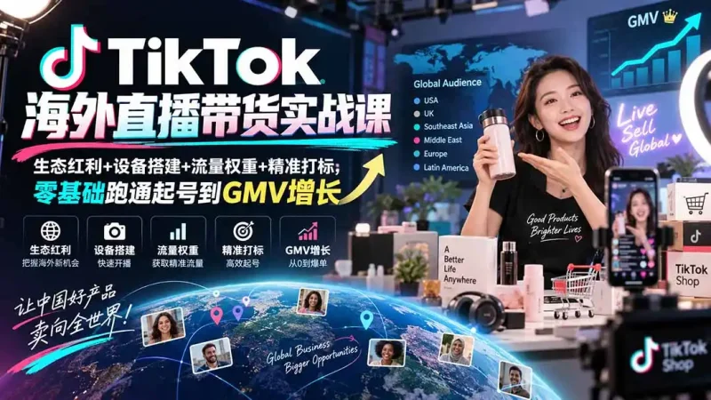 TikTok海外直播带货实战课｜生态红利+设备搭建+流量权重+精准打标，零基础跑通起号到GMV增长-大伟资源网