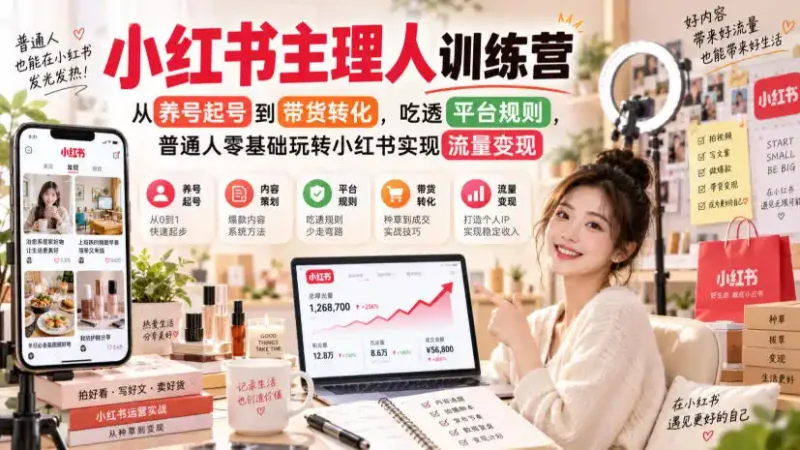 小红书主理人训练营，从养号起号到带货转化，吃透平台规则，普通人零基础玩转小红书实现流量变现-大伟资源网