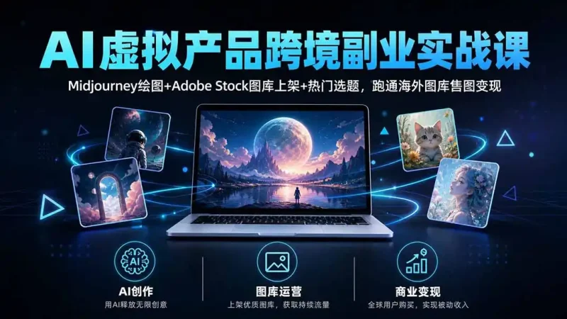 AI虚拟产品跨境副业实战课｜Midjourney绘图+Adobe Stock图库上架+热门选题，跑通海外图库售图变现-大伟资源网