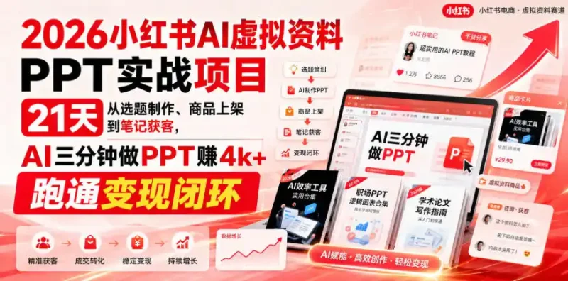 【无水印】2026小红书AI虚拟资料PPT实战项目，21天从选题制作、商品上架到笔记获客，AI三分钟做PPT赚4k+跑通变现闭环(更新0927)-大伟资源网