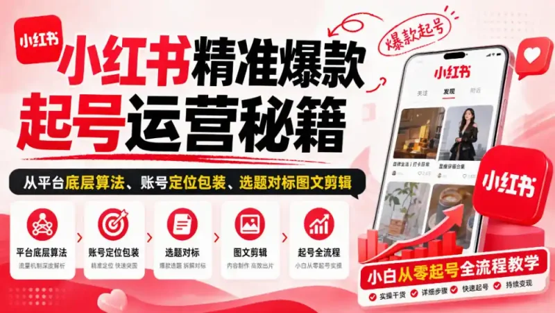 小红书精准爆款起号运营秘籍，从平台底层算法、账号定位包装、选题对标图文剪辑，小白从零起号全流程-大伟资源网