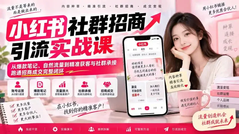 小红书社群招商引流实战课-无水印：从爆款笔记、自然流量到精准获客与社群承接，跑通招商成交完整闭环-大伟资源网