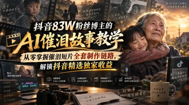 抖音83W粉丝博主的AI催泪故事教学，从零掌握催泪短片全套制作链路，解锁抖音精选独家收益-大伟资源网