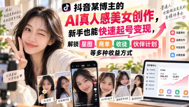 抖音某博主的AI真人感美女创作，新手也能快速起号变现，解锁星图，商单，收徒，伙伴计划等多种收益方式-大伟资源网