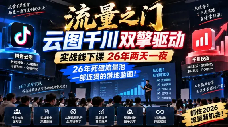 流量之门-云图千川双擎驱动实战线下课26年两天一夜,26年死磕流量池一部连贯的落地蓝图!-大伟资源网