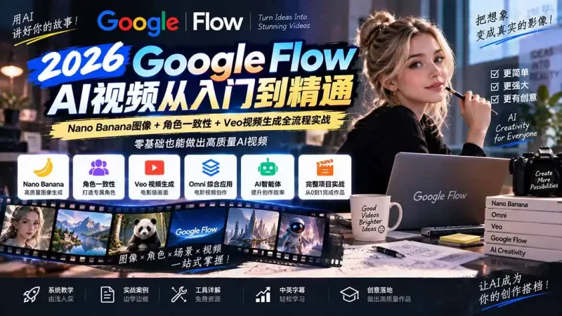 【无水印】Google Flow AI视频从入门到精通:Nano Banana图像+角色一致性+Veo视频生成全流程实战-精翻中英字幕-大伟资源网
