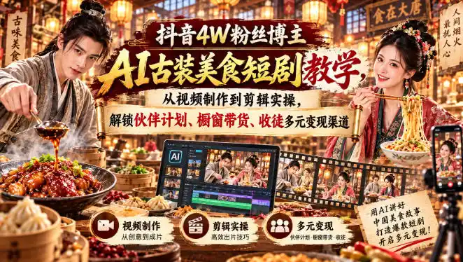 抖音4W粉丝博主AI古装美食短剧教学，从视频制作到剪辑实操，解锁伙伴计划、橱窗带货、收徒多元变现渠道-大伟资源网