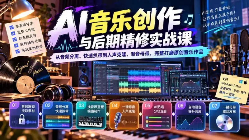 AI音乐创作与后期精修实战课：从音频分离、快速扒带到人声克隆、混音母带，完整打磨原创音乐作品-大伟资源网
