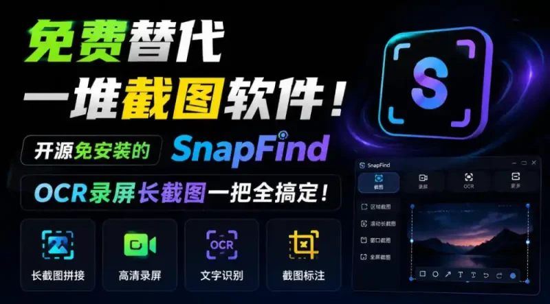 免费替代一堆截图软件！开源免安装的SnapFind，OCR录屏长截图一把全搞定！-大伟资源网