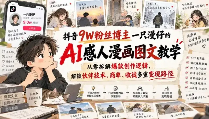 抖音9W粉丝博主一只漫仔的AI感人漫画图文教学，从零拆解爆款创作逻辑，解锁伙伴技术、商单、收徒多重变现路径-大伟资源网