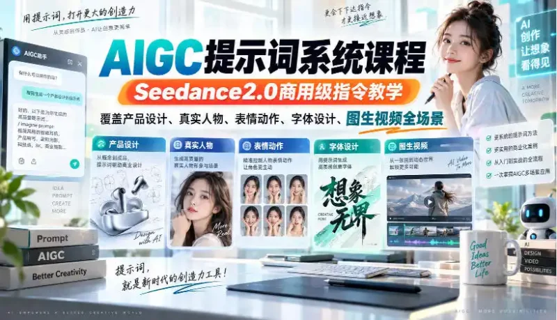 AIGC提示词系统课程,Seedance2.0商用级指令教学,覆盖产品设计、真实人物、表情动作、字体设计、图生视频全场景-大伟资源网