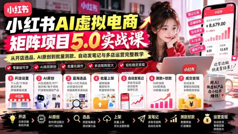 小红书AI虚拟电商矩阵5.0实战课：从开店选品、AI原创到批量测款、自动发笔记与多店运营完整教学-大伟资源网