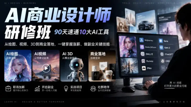 AI商业设计师研修班，90天速通10大AI工具，从绘图、视频、3D到商业落地，一键掌握涨薪、做副业关键技能-大伟资源网