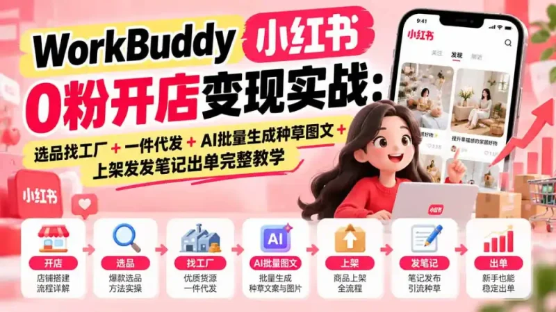WorkBuddy小红书0粉开店变现实战：选品找工厂+一件代发+AI批量生成种草图文+上架发发笔记出单完整教学-大伟资源网