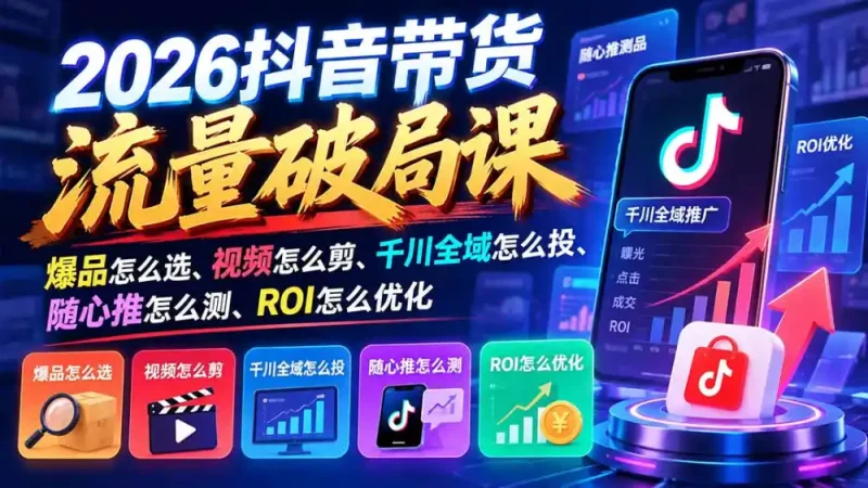 2026抖音带货流量破局课：爆品怎么选、视频怎么剪、千川全域怎么投、随心推怎么测、ROI怎么优化-大伟资源网