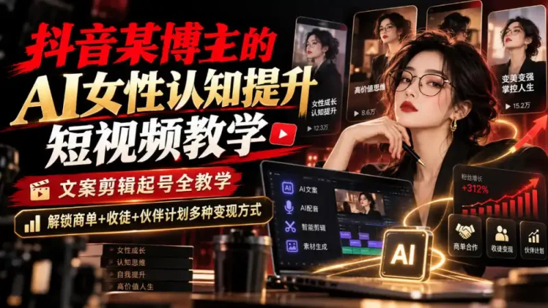 抖音某博主的Ai女性认知提升短视频教学，文案剪辑起号全教学，解锁商单+收徒+伙伴计划多种变现方式-大伟资源网