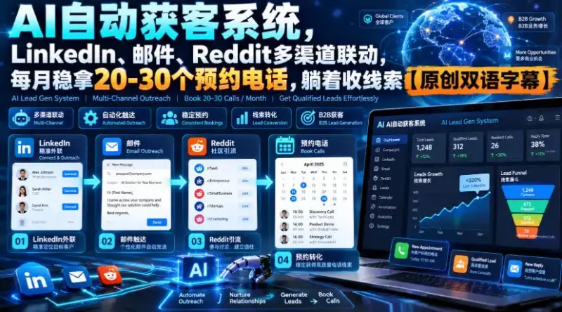 【无水印】AI自动获客系统，LinkedIn、邮件、Reddit多渠道联动，每月稳拿20-30个预约电话，躺着收线索【原创双语字幕】-大伟资源网