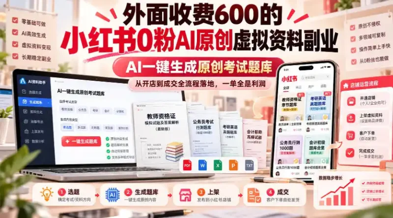 外面收费600的小红书0粉AI原创虚拟资料副业，AI一键生成原创考试题库，从开店到成交全流程落地，一单全是利润-大伟资源网