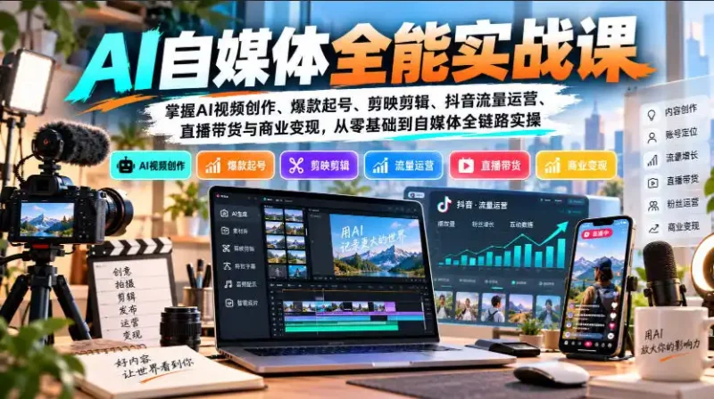 【无水印】AI自媒体全能实战课，掌握AI视频创作、爆款起号、剪映剪辑、抖音流量运营、直播带货与商业变现，从零基础到自媒体全链路实操-大伟资源网