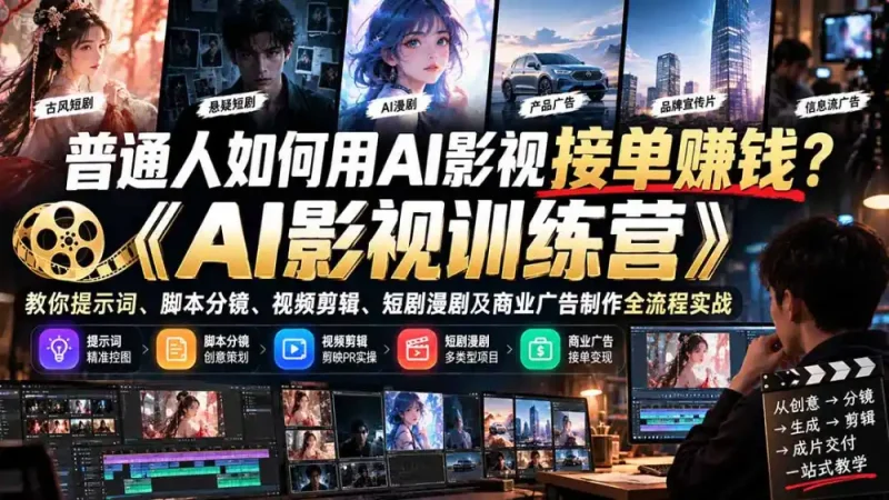 普通人如何用AI影视接单赚钱？《AI影视训练营》教你提示词、脚本分镜、视频剪辑、短剧漫剧及商业广告制作全流程实战-大伟资源网