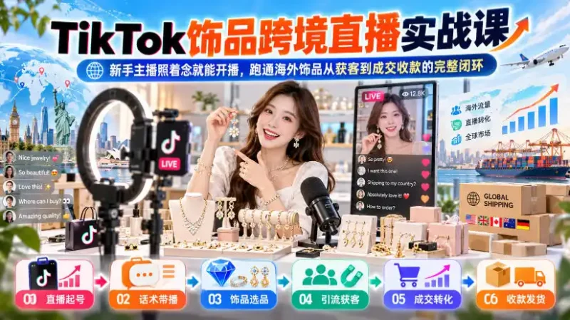 TikTok饰品跨境直播实战课，新手主播照着念就能开播，跑通海外饰品从获客到成交收款的完整闭环-大伟资源网