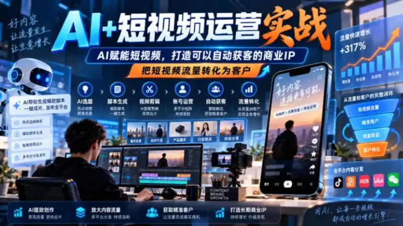 AI+短视频运营实战，AI赋能短视频，打造可以自动获客的商业IP，把短视频流量转化为客户-大伟资源网