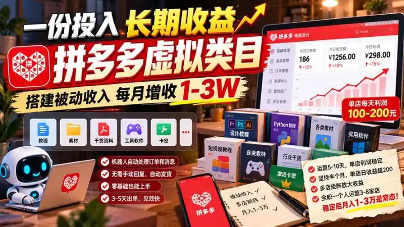 一份投入长期收益，拼多多虚拟类目，搭建被动收入每月增收 1-3W-大伟资源网