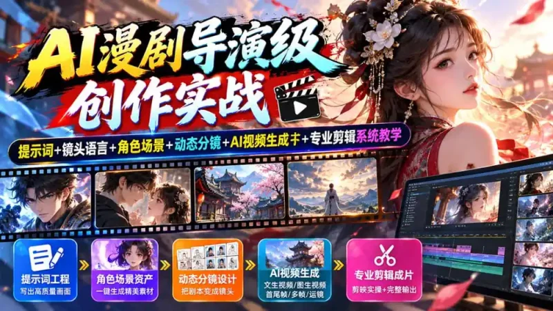 AI漫剧导演级创作实战：提示词+镜头语言+角色场景+动态分镜+AI视频生成+专业剪辑系统教学-大伟资源网