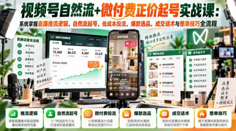 视频号自然流+微付费正价起号实战课：系统掌握直播推流逻辑、自然流起号、低成本投流、爆款选品、成交话术与憋单技巧全流程-大伟资源网