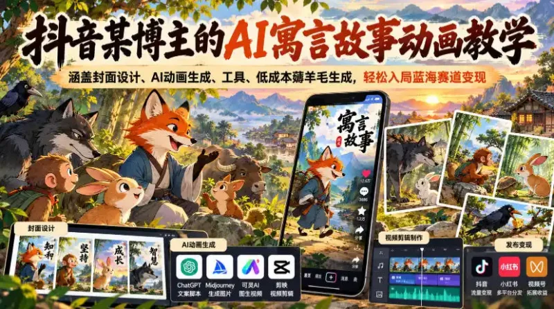 抖音某博主的AI寓言故事动画教学，涵盖封面设计、AI动画生成、工具、低成本薅羊毛生成，轻松入局蓝海赛道变现-大伟资源网