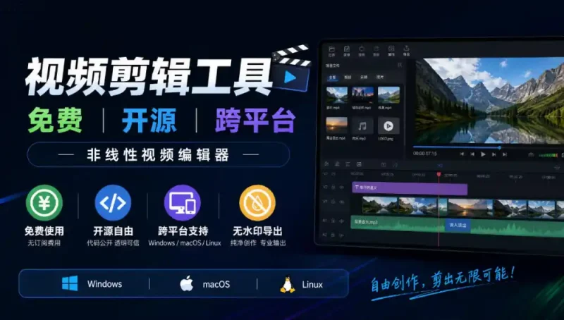 视频剪辑工具，免费、开源、跨平台，非线性视频编辑器，支持Windows、macOS、Linux，无水印、无订阅费用-大伟资源网