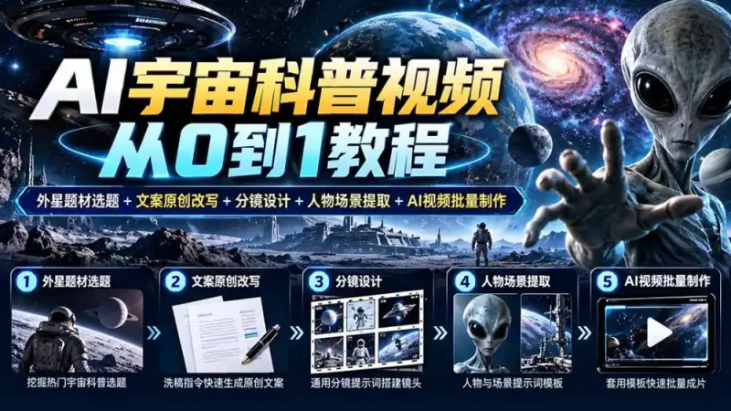 AI宇宙科普视频从0到1教程｜外星题材选题+文案原创改写+分镜设计+人物场景提取+AI视频批量制作-大伟资源网