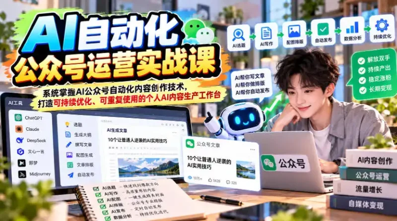 AI自动化公众号运营实战课，系统掌握AI公众号自动化内容创作技术，打造可持续优化、可重复使用的个人AI内容生产工作台-大伟资源网