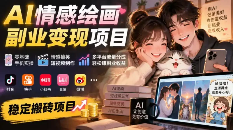 AI情感绘画副业变现项目｜零基础手机实操，情感搞笑短视频制作，多平台流量分成轻松賺副业收益-大伟资源网