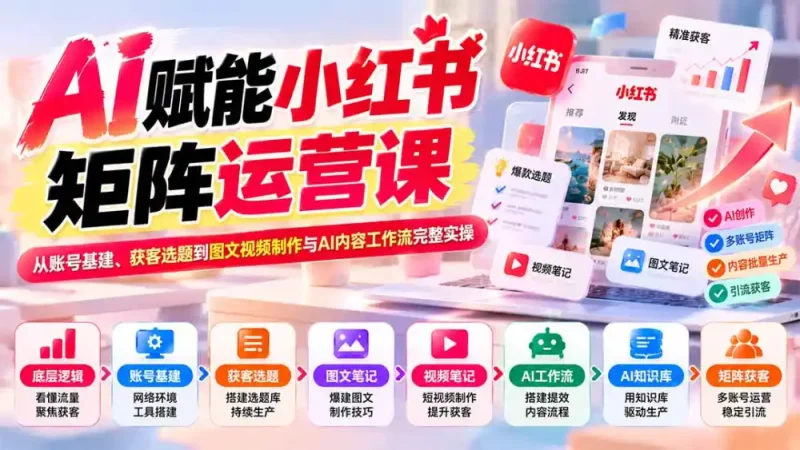 AI赋能小红书矩阵运营课：从账号基建、获客选题到图文视频制作与AI内容工作流完整实操-大伟资源网