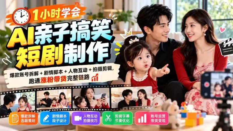 1小时学会AI亲子搞笑短剧制作:爆款账号拆解+剧情脚本+人物互动+拍摄剪辑,跑通涨粉带货完整链路-大伟资源网