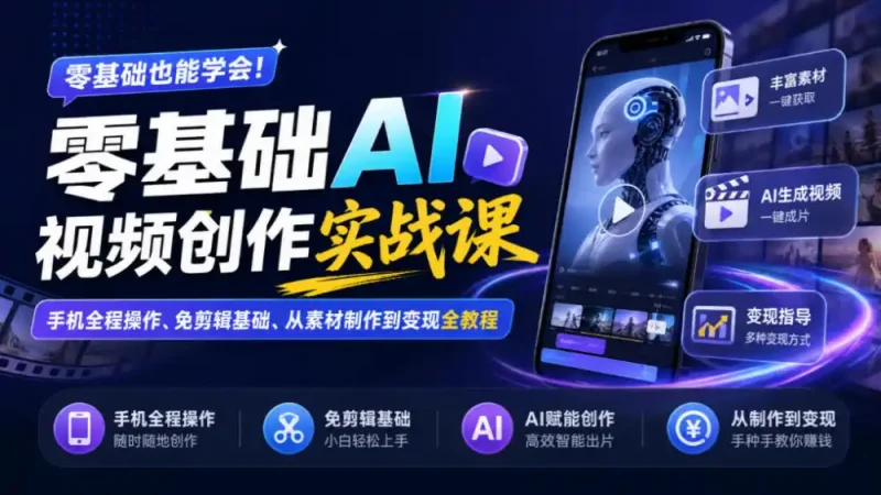 零基础AI视频创作实战课｜手机全程操作、免剪辑基础、从素材制作到变现全教程-大伟资源网