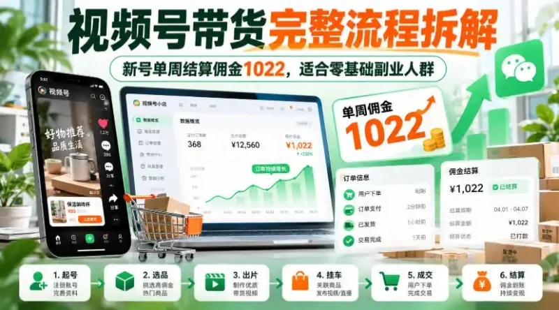视频号带货完整流程拆解，新号单周结算佣金1022，适合零基础副业人群-大伟资源网
