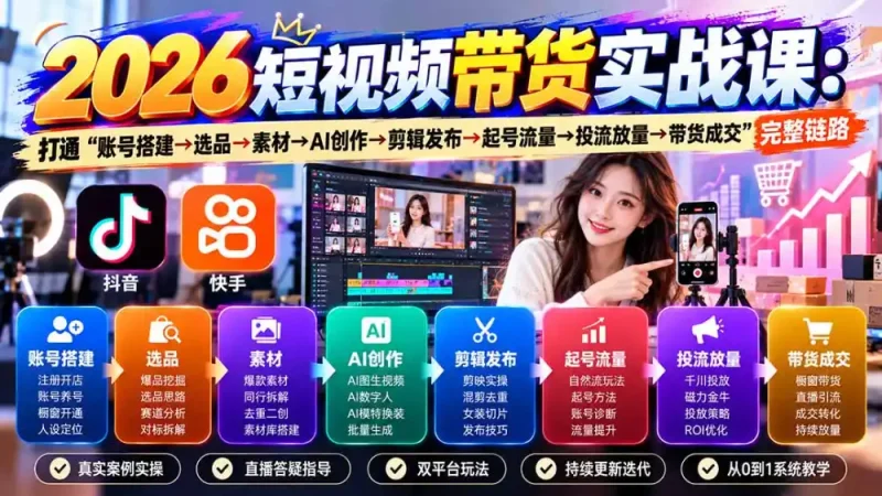 2026短视频带货实战课9月：打通“账号搭建→选品→素材→AI创作→剪辑发布→起号流量→投流放量→带货成交”完整链路-大伟资源网