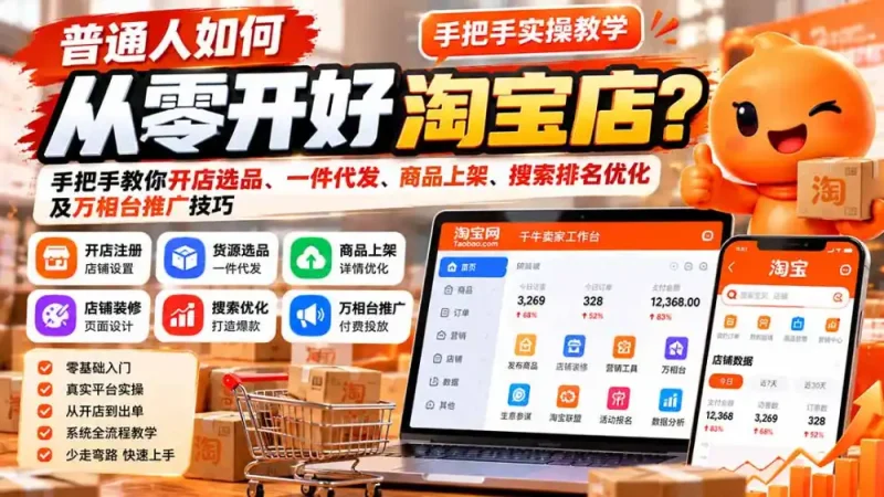 普通人如何从零开好淘宝店？手把手教你开店选品、一件代发、商品上架、搜索排名优化及万相台推广技巧-大伟资源网