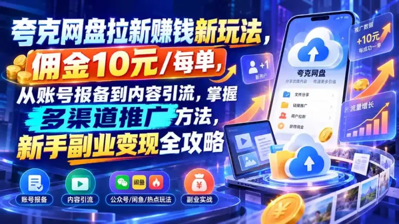 夸克网盘拉新赚钱新玩法，佣金10元/每单，从账号报备到内容引流，掌握多渠道推广方法，新手副业变现全攻略-大伟资源网
