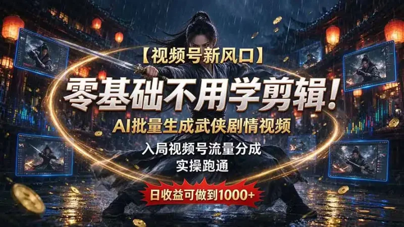 【视频号新风口】零基础不用学剪辑！AI 批量生成武侠剧情视频，入局视频号流量分成，实操跑通，日收益可做到 1000+-大伟资源网