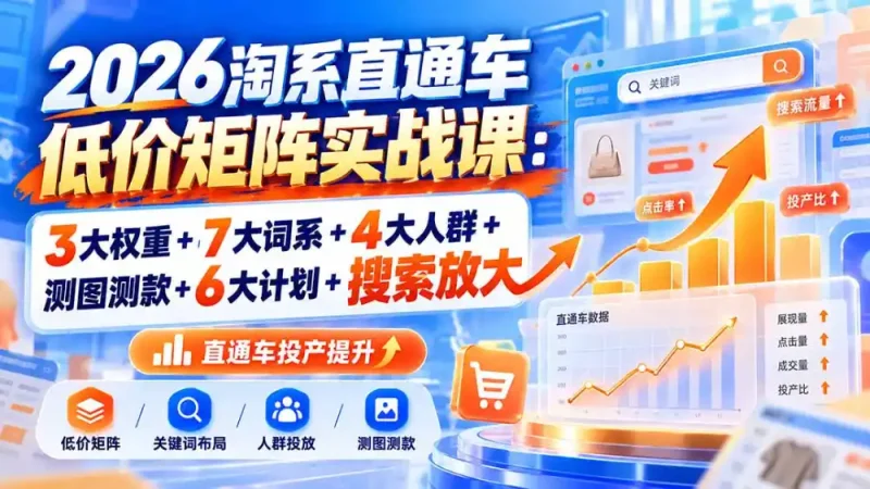 2026淘系直通车低价矩阵实战课：3大权重+7大词系+4大人群+测图测款+6大计划+搜索放大-大伟资源网