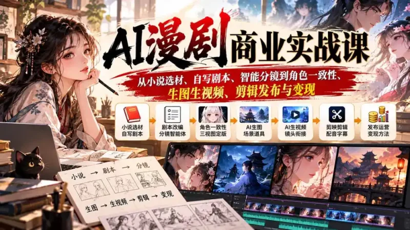 AI漫剧商业实战课：从小说选材、自写剧本、智能分镜到角色一致性、生图生视频、剪辑发布与变现-大伟资源网